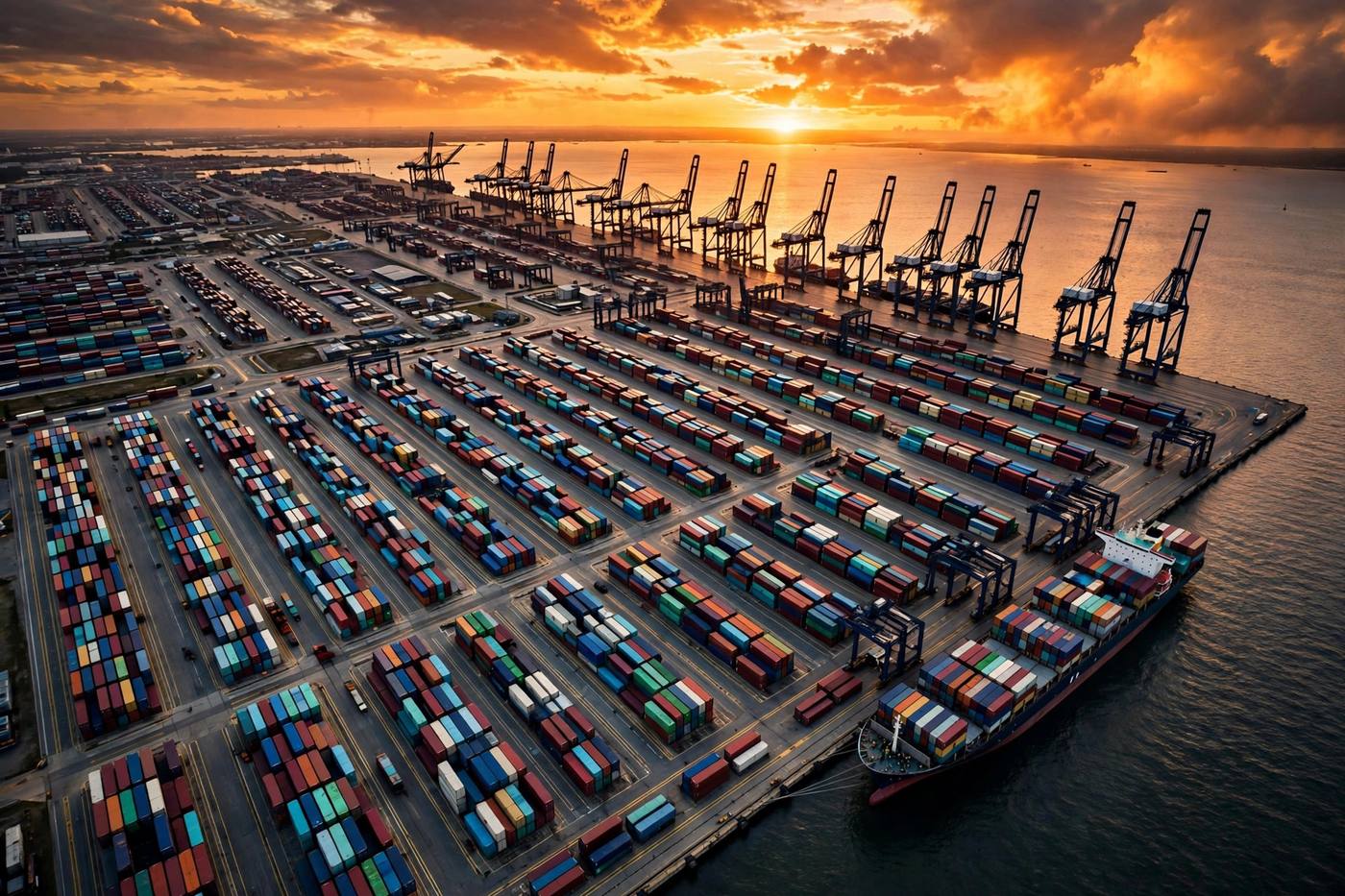 Container port at sunset